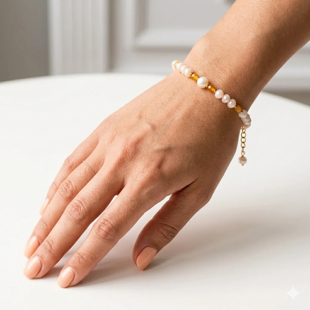 Alternative view of Βραχιόλι μαργαριτάρι με πορτοκαλί αχάτη και κρύσταλλα - Καλοκαιρινό Φως