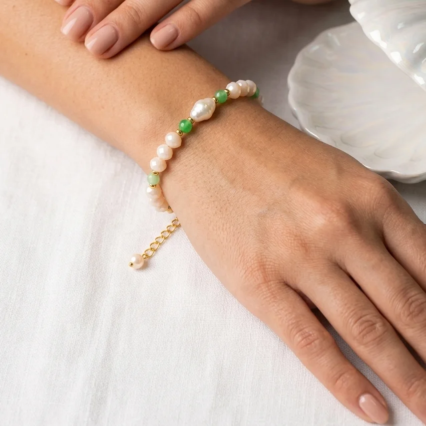 Alternative view of Βραχιόλι μαργαριτάρι με πράσινο αχάτη και κρύσταλλα - Καλοκαιρινό Φως