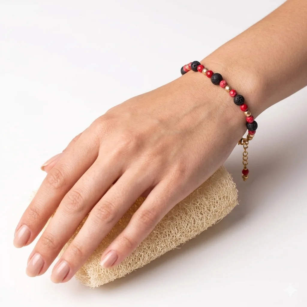 Alternative view of Βραχιόλι με μαύρη λάβα, κόκκινο χαουλίτη και χρυσό αιματίτη - Πύρινη αντίθεση
