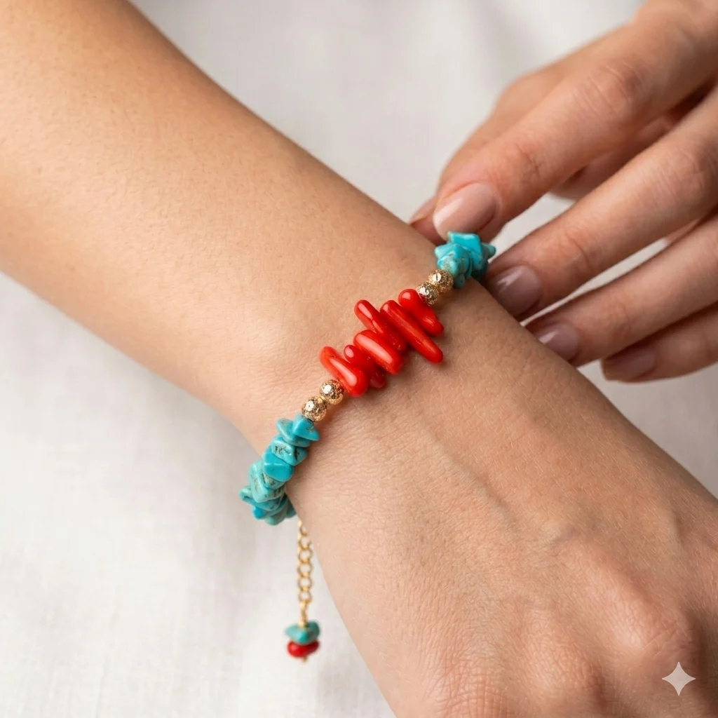 Alternative view of Βραχιόλι χρυσή λάβα με χαουλίτη και κόκκινο κοράλλι - Boho αίσθηση