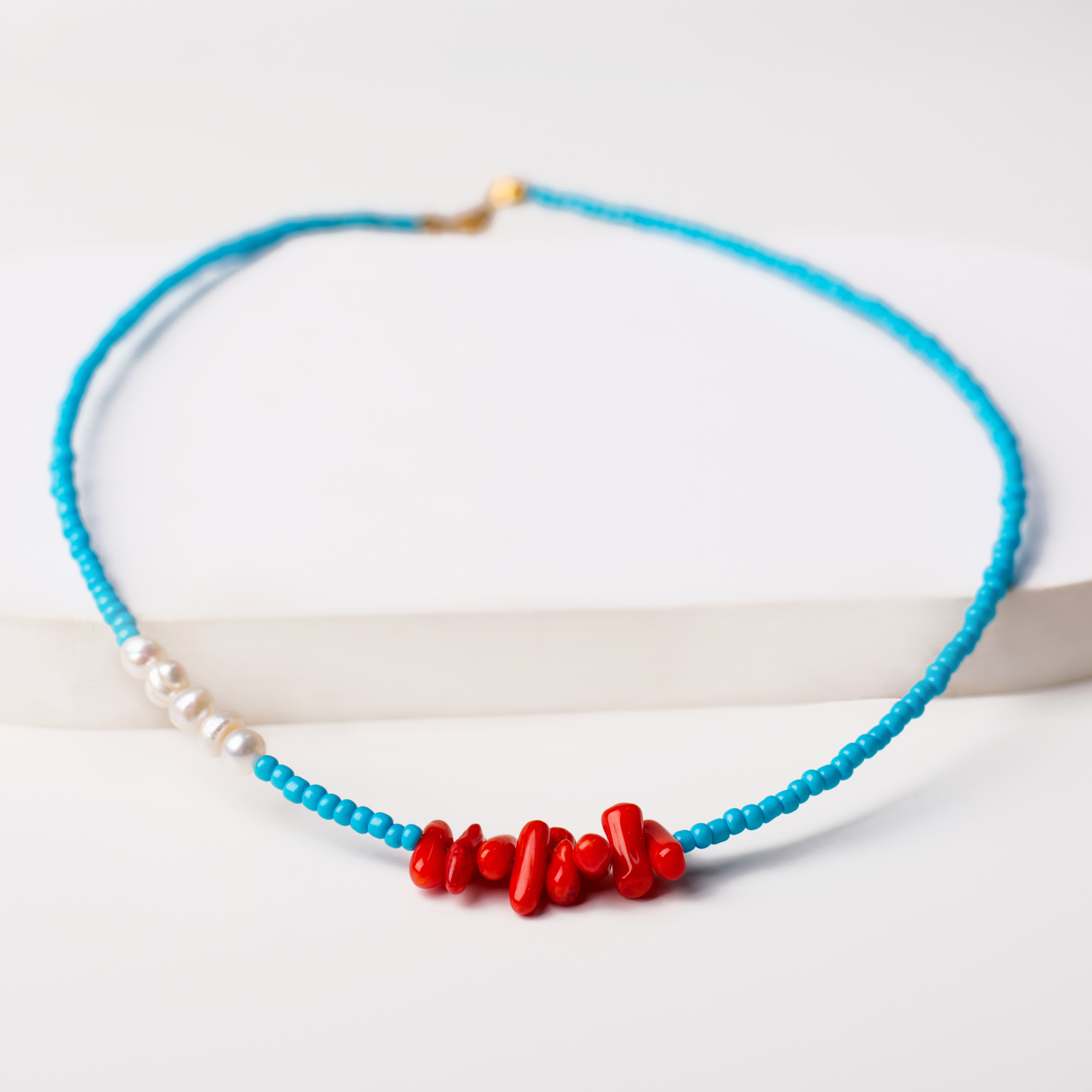 Κολιέ με κοράλλι, μαργαριτάρια και τυρκουάζ χάντρες - Ζωντανός βυθός