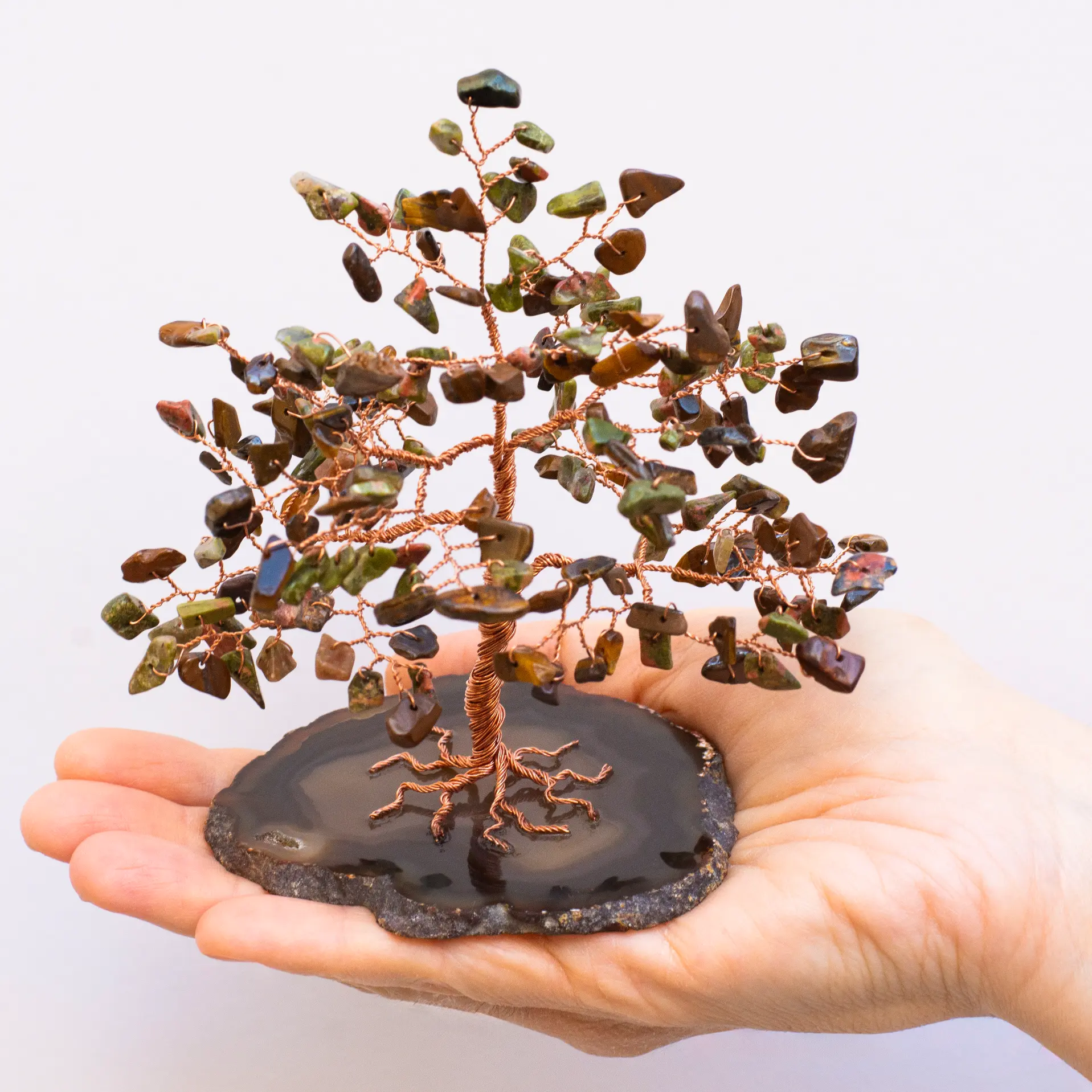 Wire crystal Tree of Life, eye tiger, unakite, agate