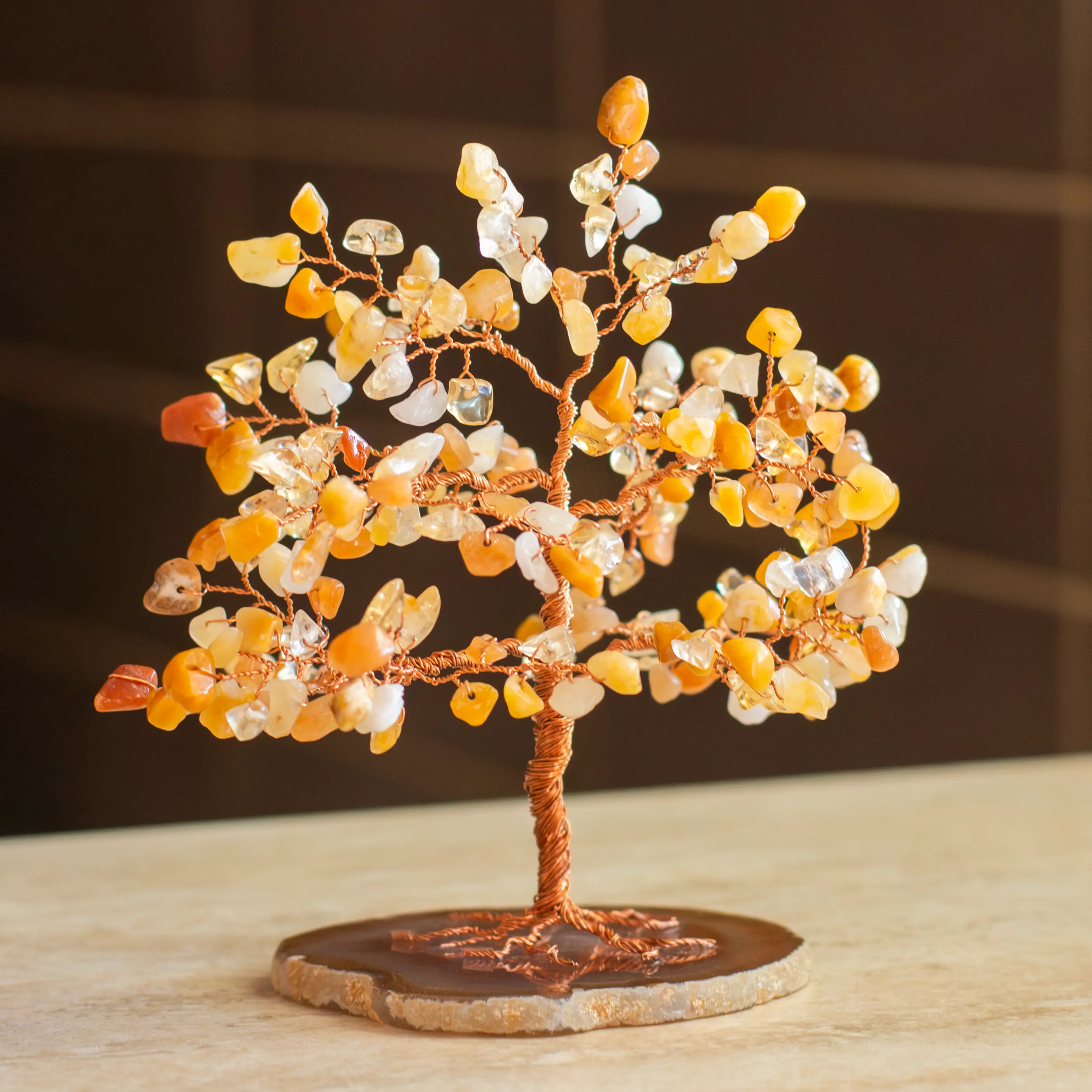 Δέντρο της Ζωής με ημιπολύτιμους λίθους κίτρινη αβεντουρίνη και βάση αχάτη